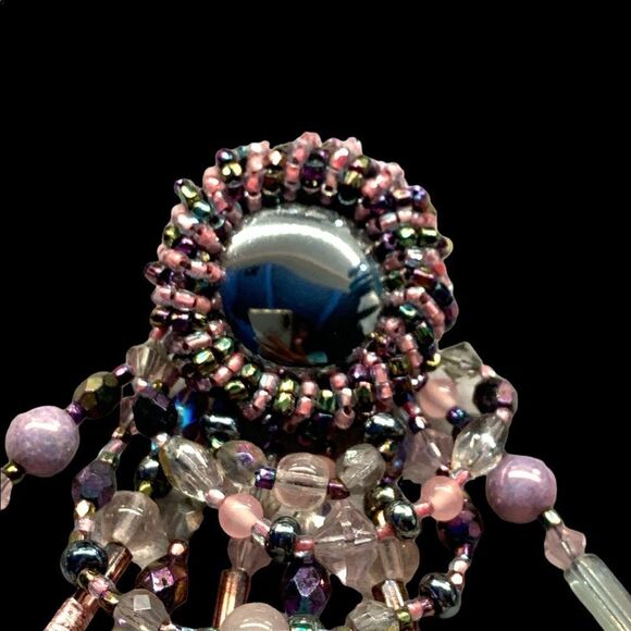 Hand beaded hematite-pink -opalescent artisan fiber wrapped chandelier earrings - Picture 4 of 11